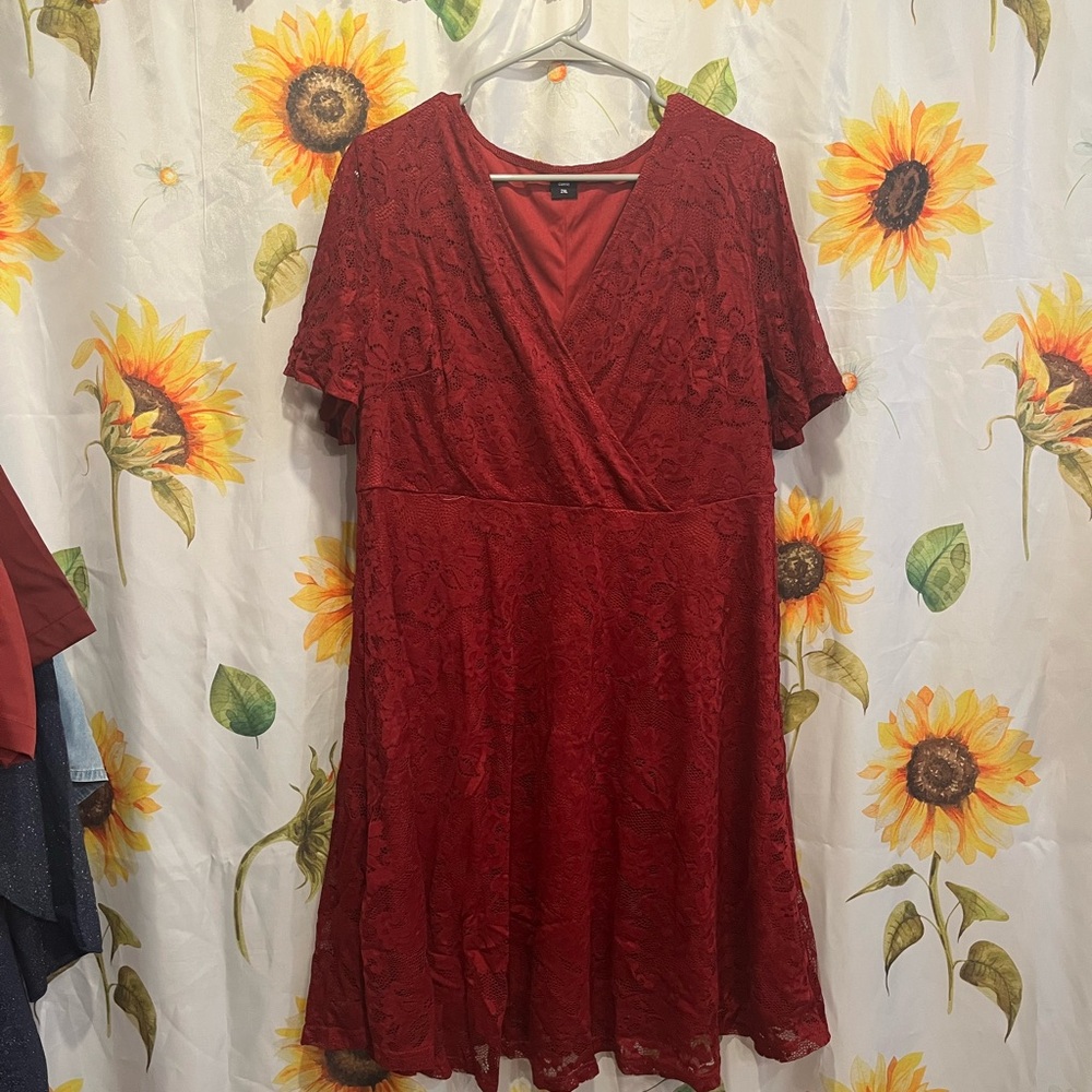 SHEIN Deep Red Lace Midi Dress